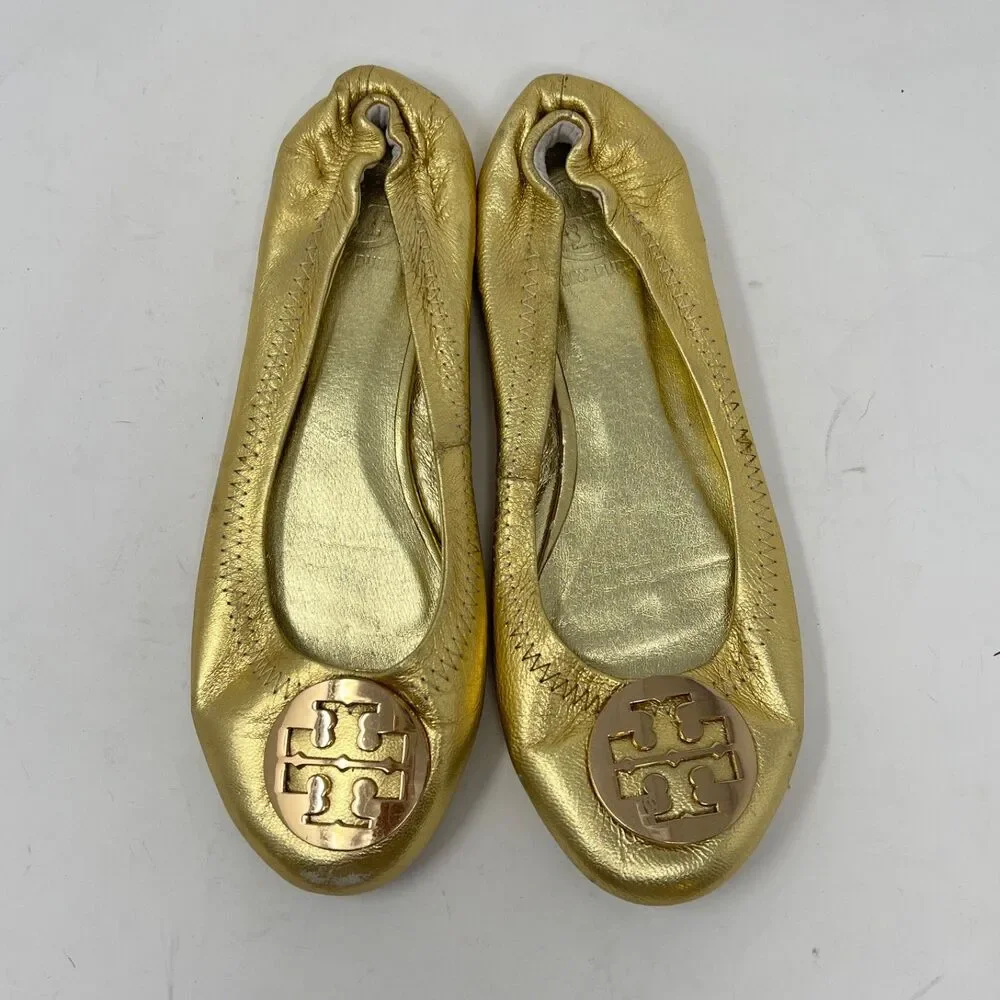 TORY BURCH Reva Gold Leather Flat Ballet Ballerina Shoes with T-Logo Women's 8.5